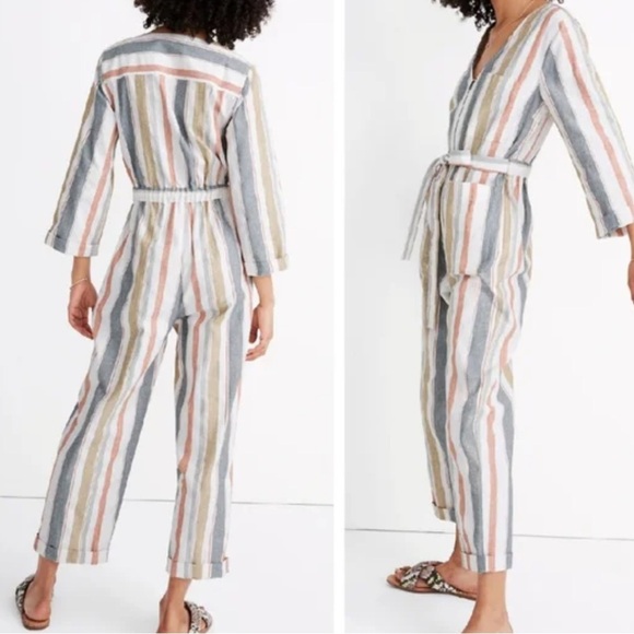 Madewell Pants - Madewell NWT Striped V-neck Jumpsuit in Gray, White, and Tan